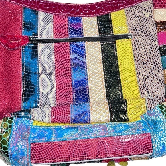 TRESKA Multi Colored 3D Leather Floral Rhinestone Patchwork Shoulder Bag - Picture 6 of 16